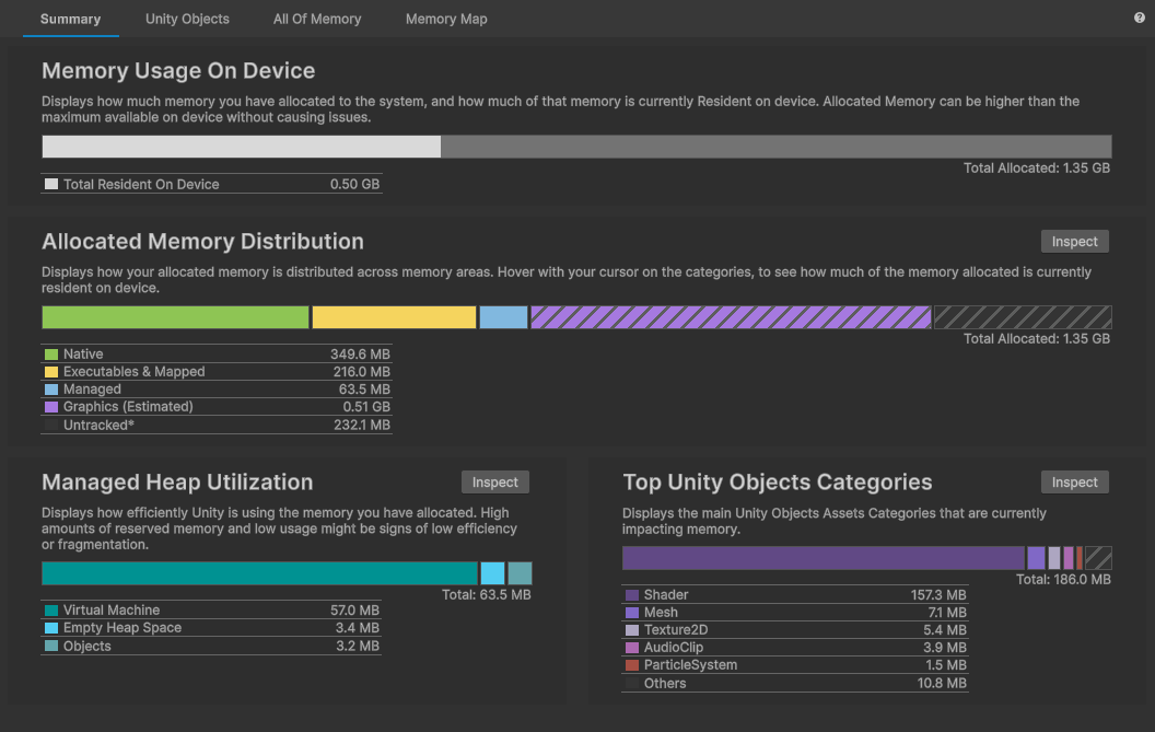 Unity Memory Profiler showing device memory usage and allocation distribution
